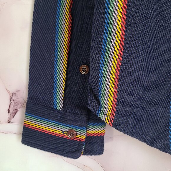 Outerknown NWT Sz M Organic Cotton Blanket Shirt Marine Rainbow Stripe - Picture 10 of 13